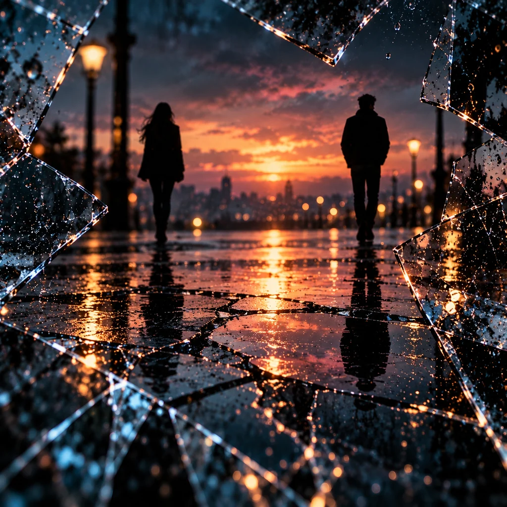 Two silhouetted figures standing apart on a wet, lamp-lit street at sunset, framed by shards of broken glass.