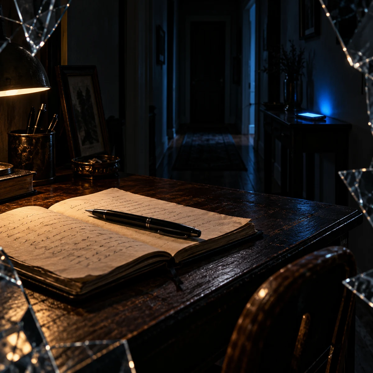 An open notebook and pen on a warmly lit desk, with a blue-glowing phone in a dark hallway and fractured glass around the edges.