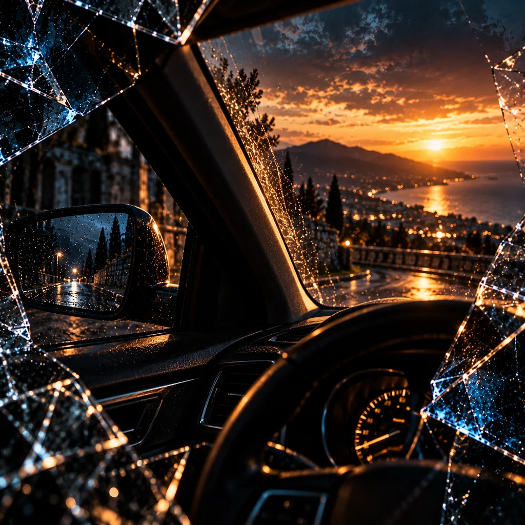 View from a car's driver's seat through a cracked windscreen, towards a coastal town and the sea at sunset.
