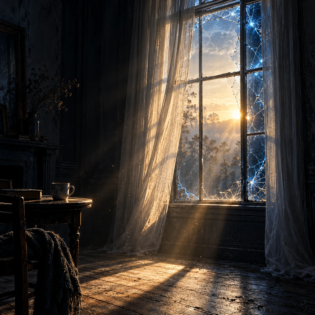 Warm morning sunlight enters a dark room through a fractured window and sheer curtains, illuminating a cup on a table.