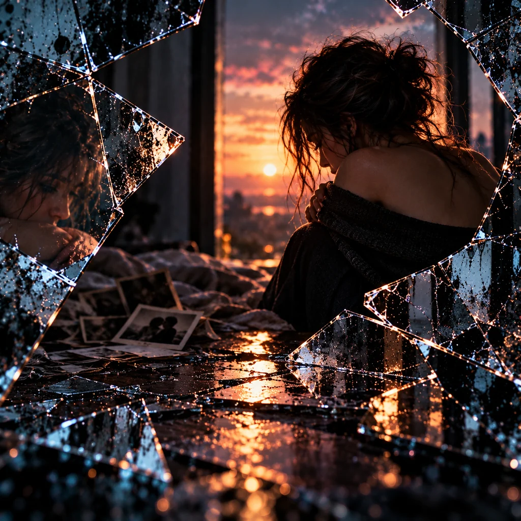 A woman with curly hair sitting with her back turned near a window at sunset, with old photographs scattered on the bed beside her, seen through broken glass.