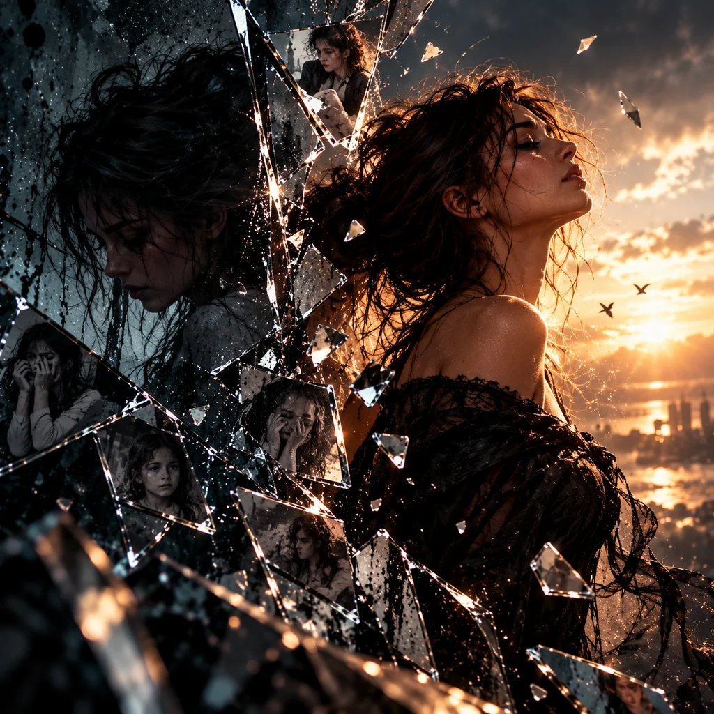 A woman with dark hair looking upwards against a sunset sky, with fragments of glass showing childhood photographs around her.