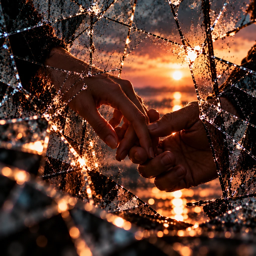 Two hands reaching towards each other and touching, with a sunset over water behind cracked glass.