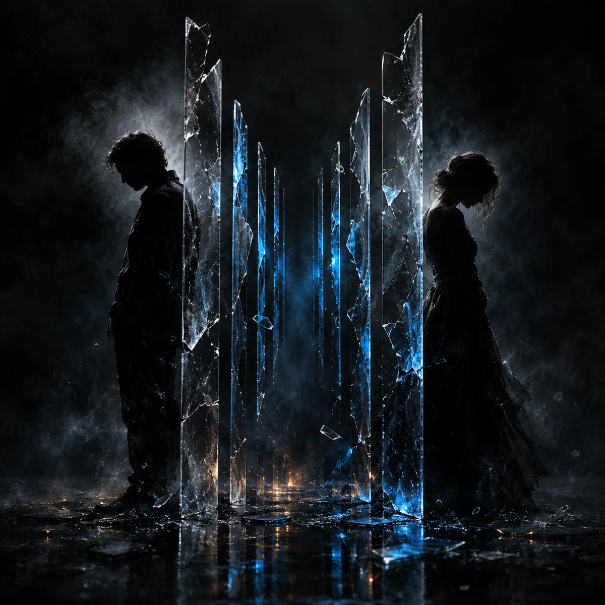 Two figures separated by widening fractured glass illuminated with blue light