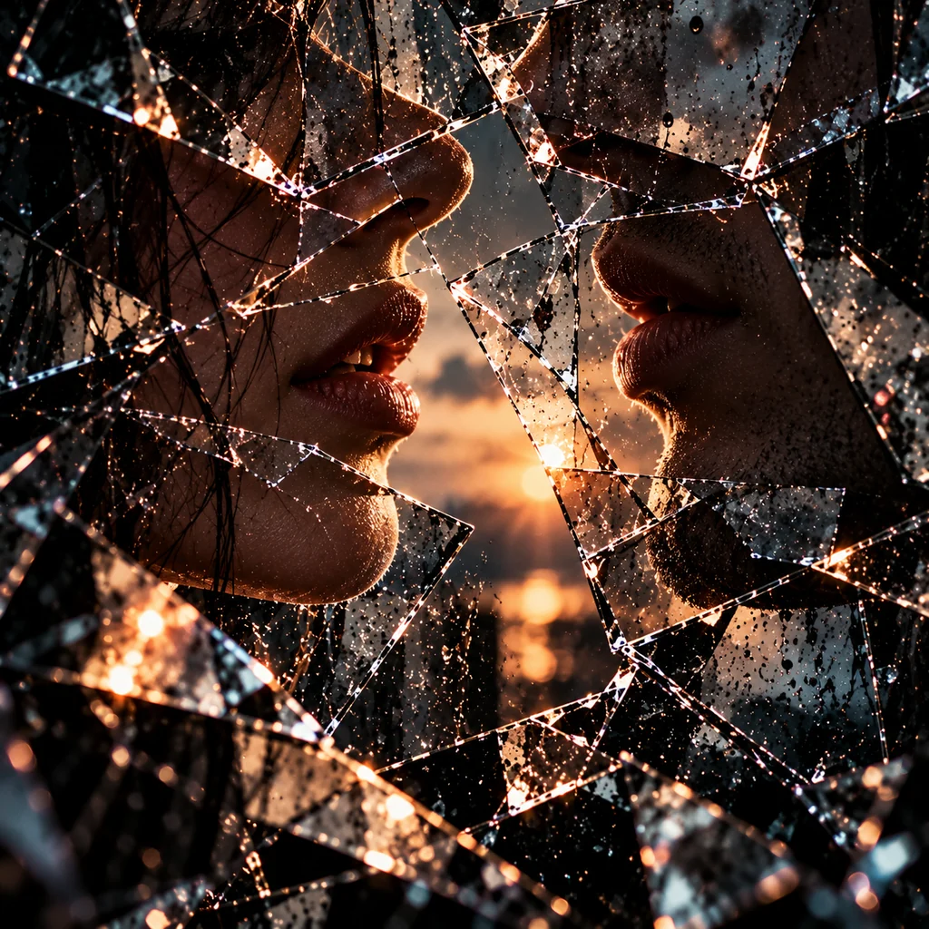 Two faces in profile, lips close together, seen through cracked glass against a sunset.