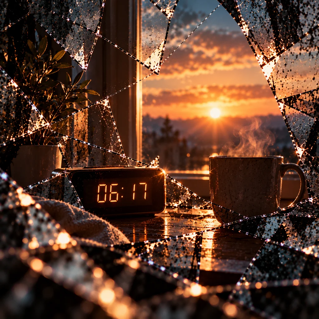 A steaming mug and a digital clock showing 06:17 on a windowsill at sunrise, framed by broken glass.
